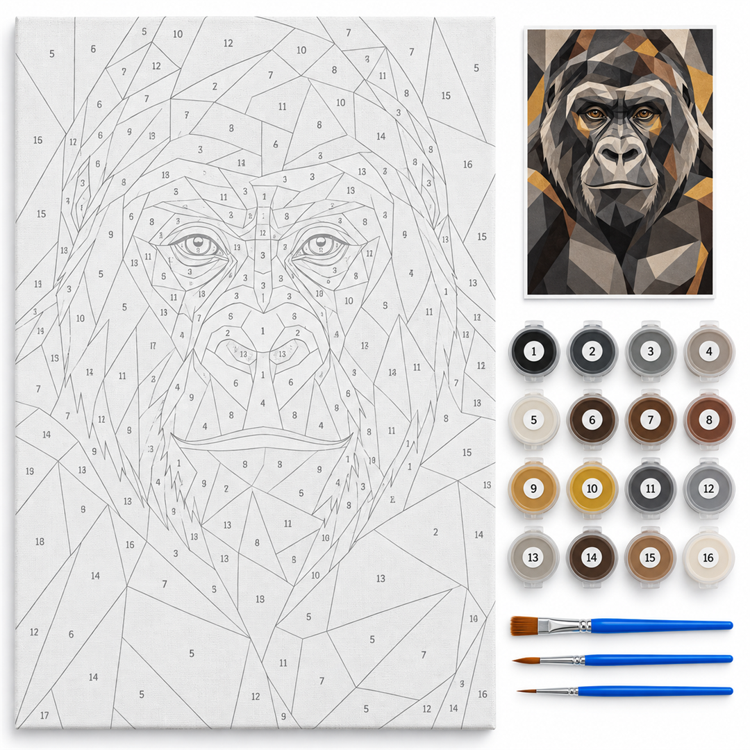 Gorila geométrico — kit con lienzo numerado, pinturas y pinceles