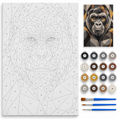 Gorila geométrico — kit con lienzo numerado, pinturas y pinceles