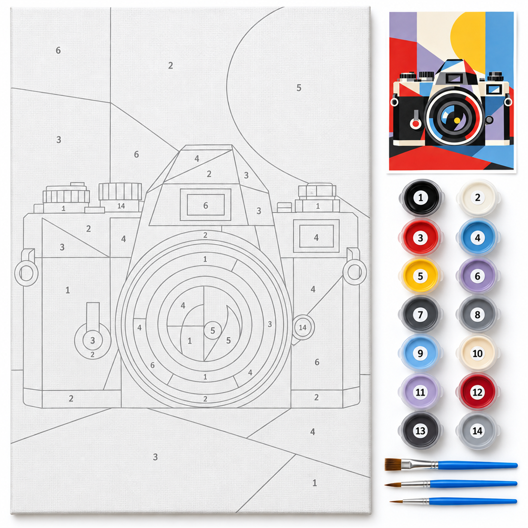 Cámara vintage geométrica — kit con lienzo numerado, pinturas y pinceles