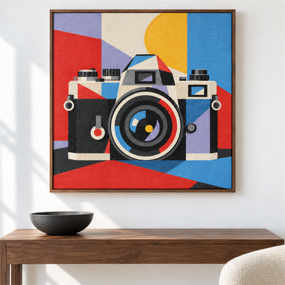 Cámara vintage geométrica — el cuadro terminado colgado en la pared