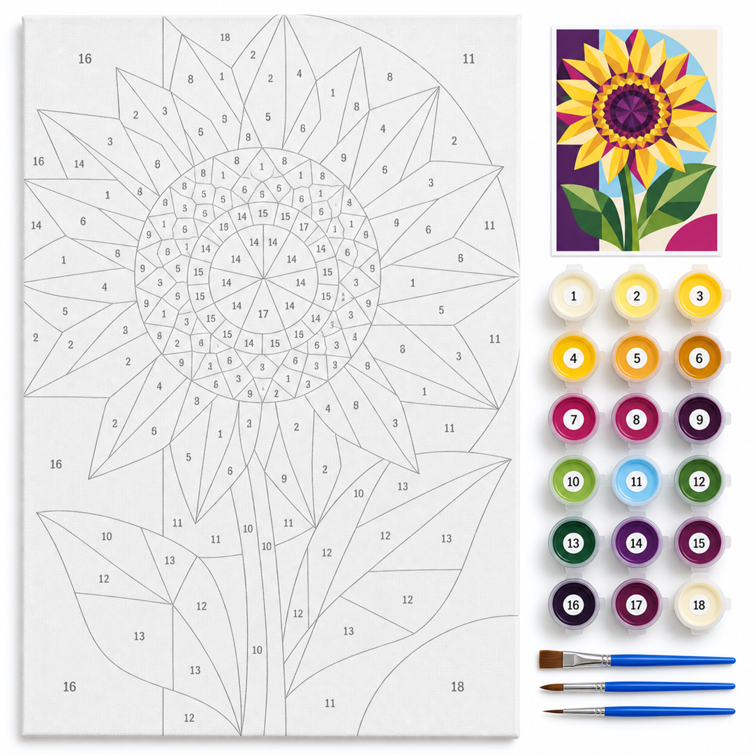 Girasol geométrico — kit con lienzo numerado, pinturas y pinceles