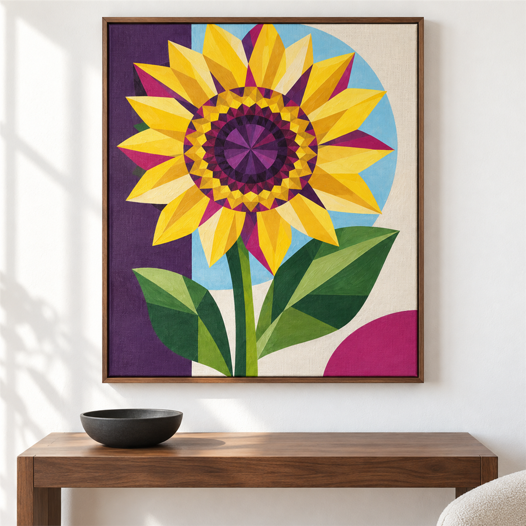 Girasol geométrico — el cuadro terminado colgado en la pared