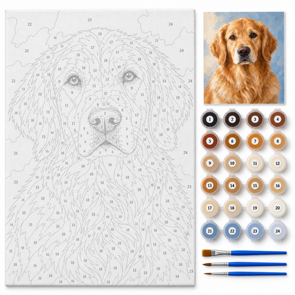 Golden retriever — kit con lienzo numerado, pinturas y pinceles