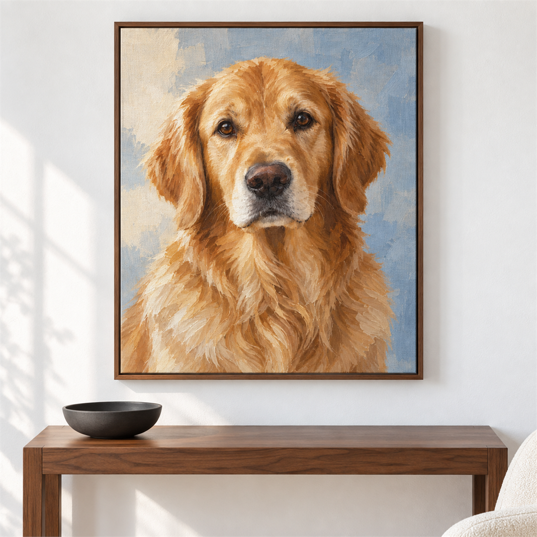 Golden retriever — el cuadro terminado colgado en la pared