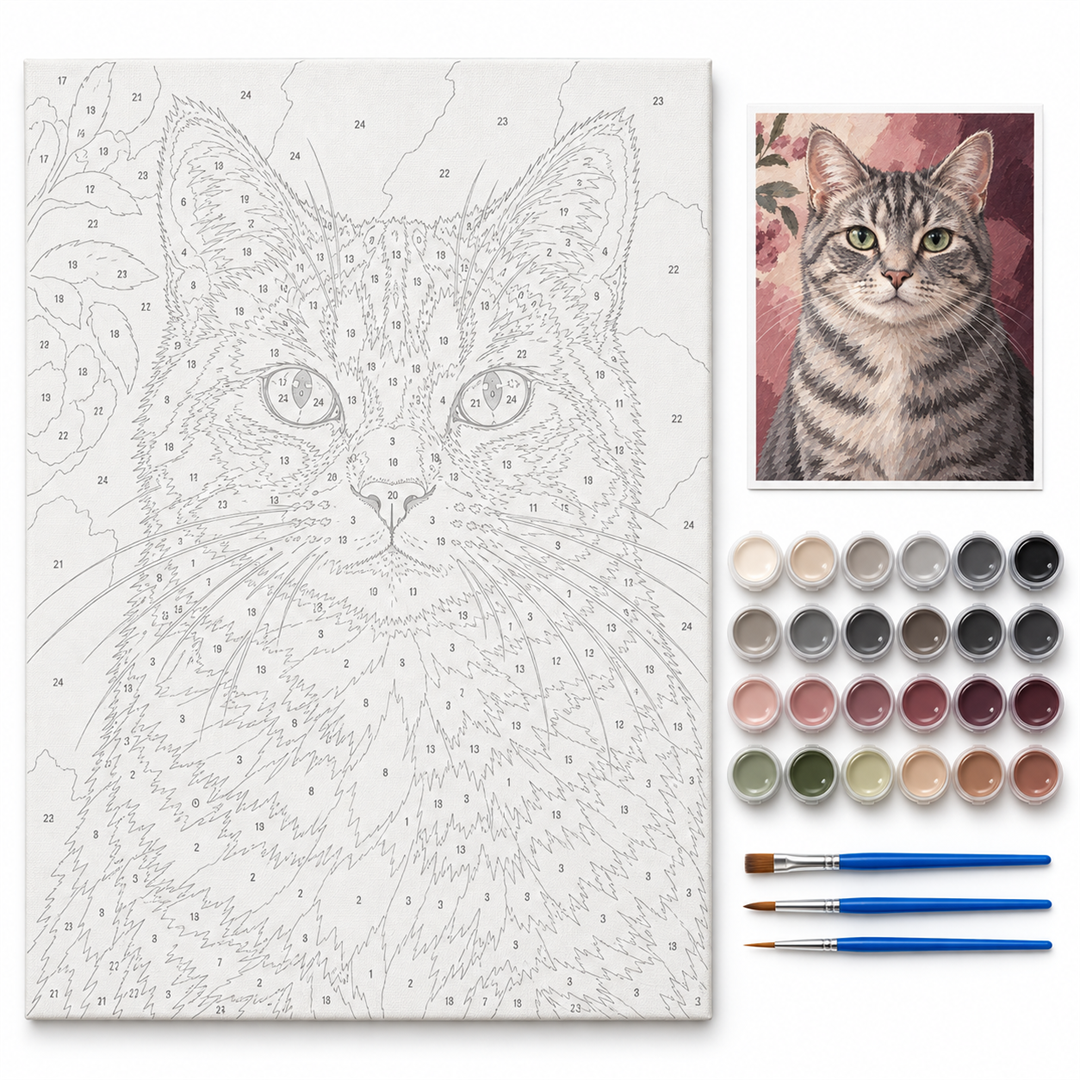 Gato de mirada tierna — kit con lienzo numerado, pinturas y pinceles