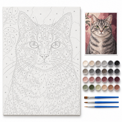 Gato de mirada tierna — kit con lienzo numerado, pinturas y pinceles