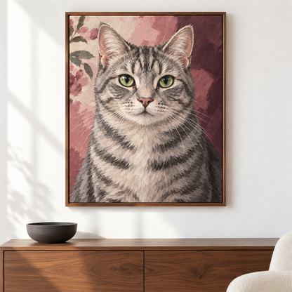 Gato de mirada tierna — el cuadro terminado colgado en la pared