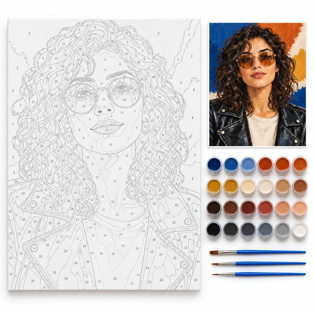 Rockero con gafas — kit con lienzo numerado, pinturas y pinceles