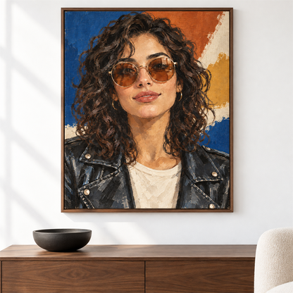 Rockero con gafas — el cuadro terminado colgado en la pared