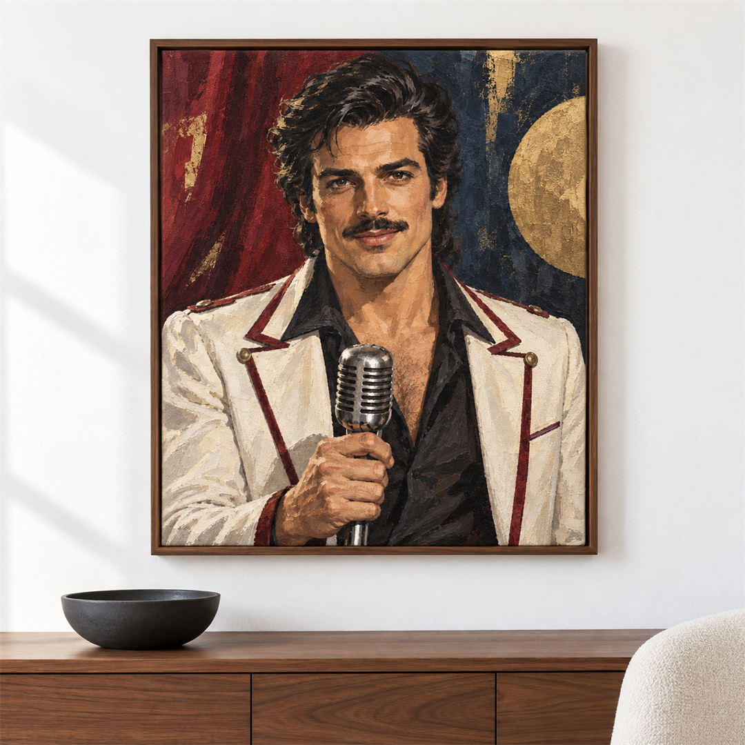 Vocalista de rock — el cuadro terminado colgado en la pared
