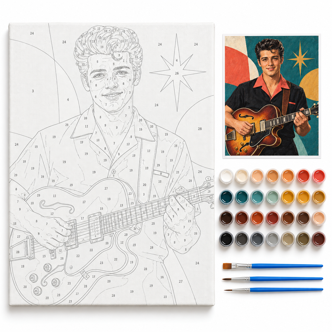 Guitarrista rockabilly — kit con lienzo numerado, pinturas y pinceles