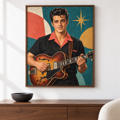 Guitarrista rockabilly — el cuadro terminado colgado en la pared