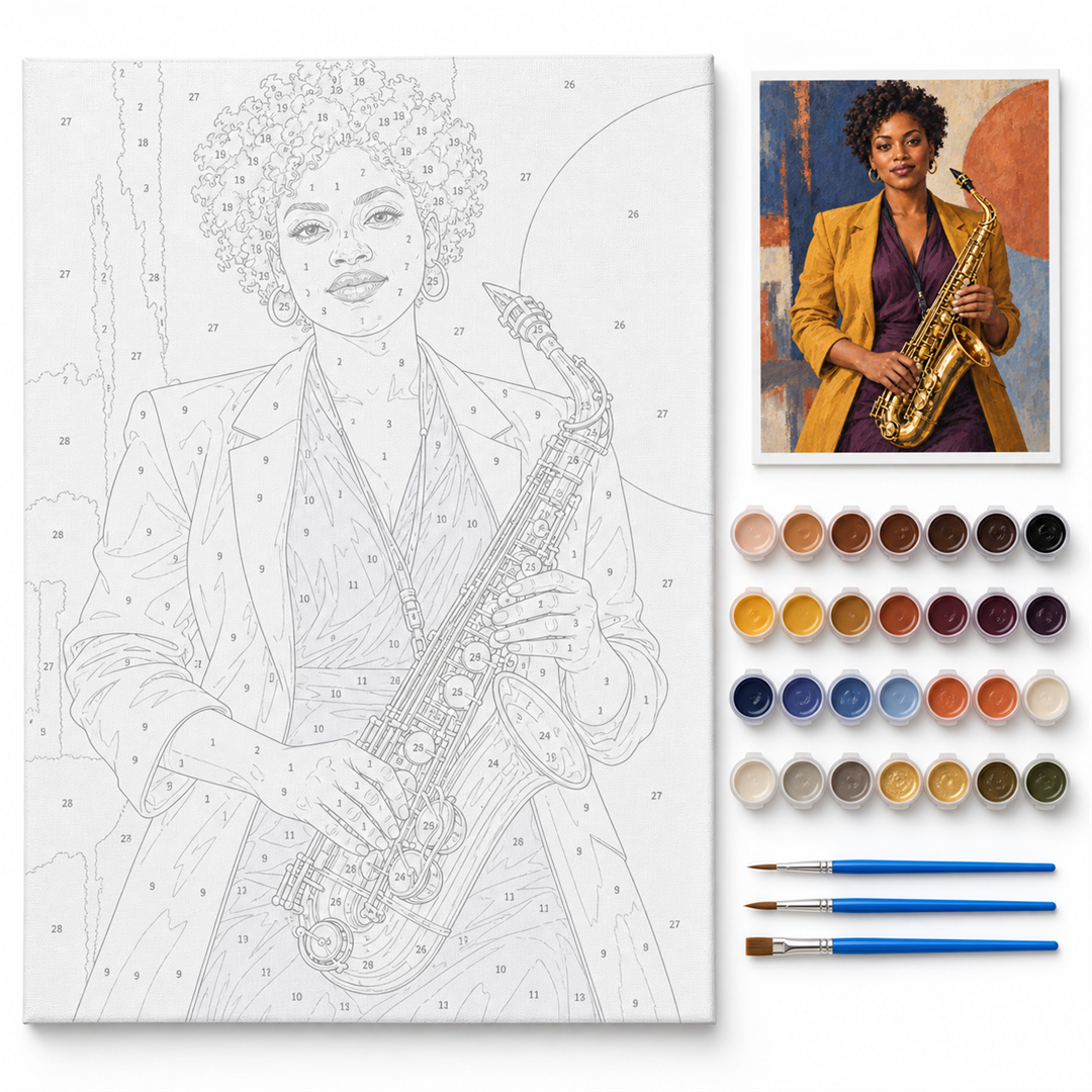 Saxofonista de jazz — kit con lienzo numerado, pinturas y pinceles