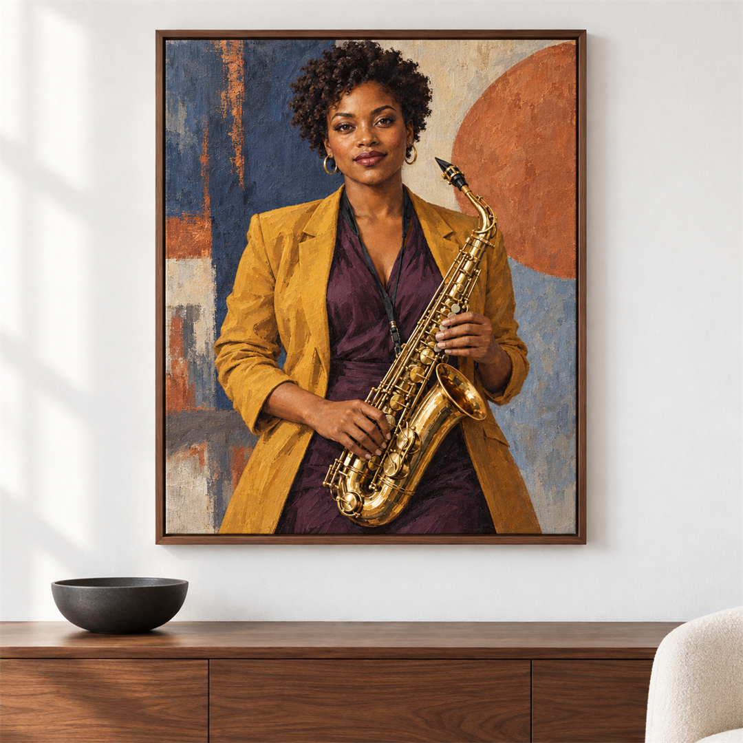 Saxofonista de jazz — el cuadro terminado colgado en la pared