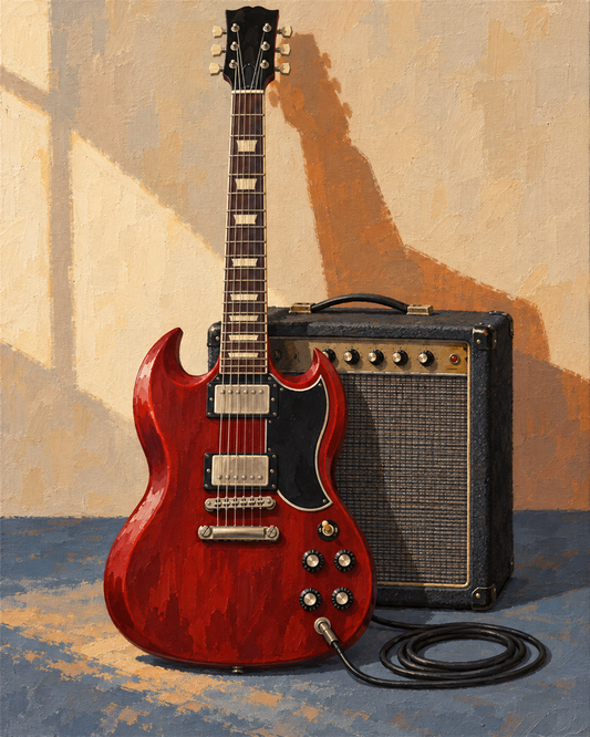 Guitarra roja y amplificador — diseño del lienzo para pintar por números