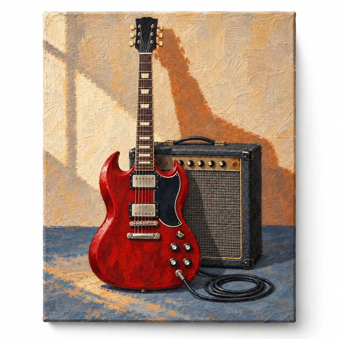 Guitarra roja y amplificador — lienzo terminado