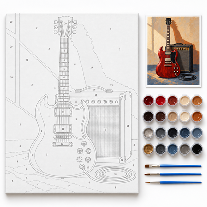 Guitarra roja y amplificador — kit con lienzo numerado, pinturas y pinceles