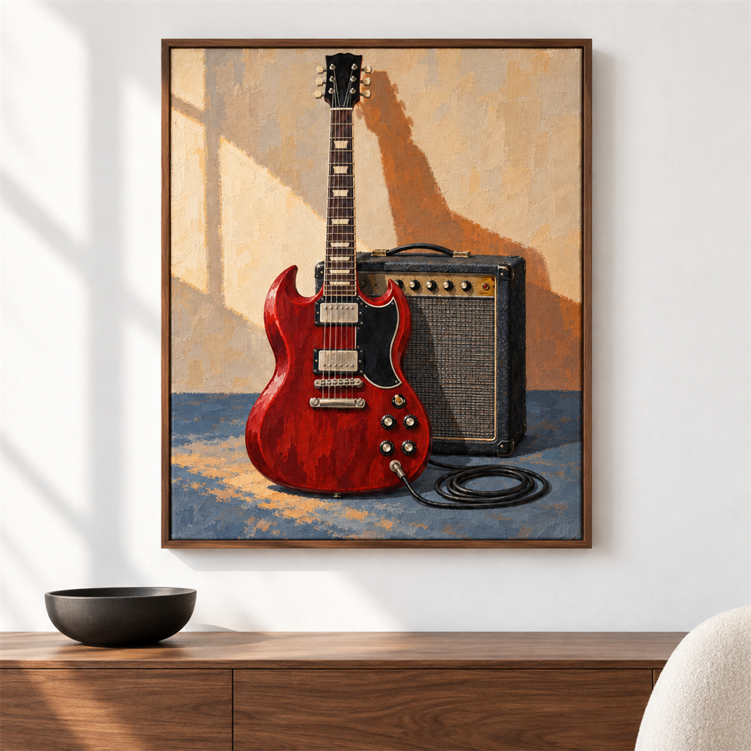 Guitarra roja y amplificador — el cuadro terminado colgado en la pared