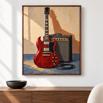 Guitarra roja y amplificador — el cuadro terminado colgado en la pared