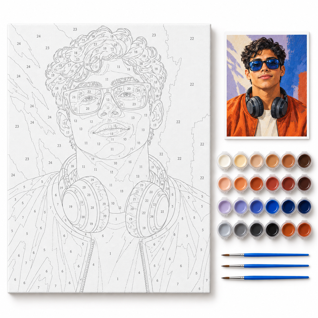 DJ con gafas azules — kit con lienzo numerado, pinturas y pinceles