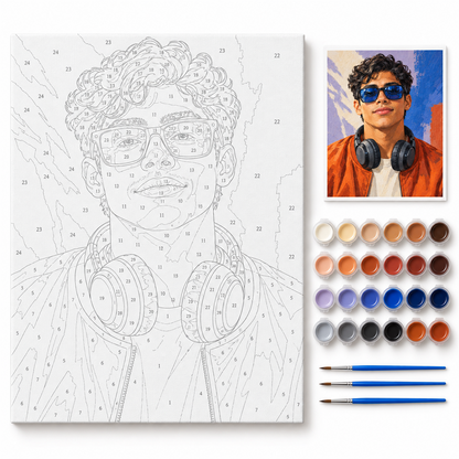 DJ con gafas azules — kit con lienzo numerado, pinturas y pinceles