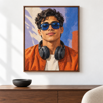 DJ con gafas azules — el cuadro terminado colgado en la pared