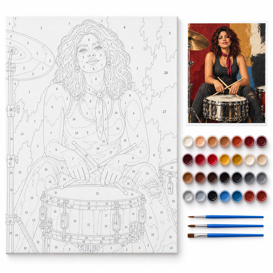 Baterista de rock — kit con lienzo numerado, pinturas y pinceles