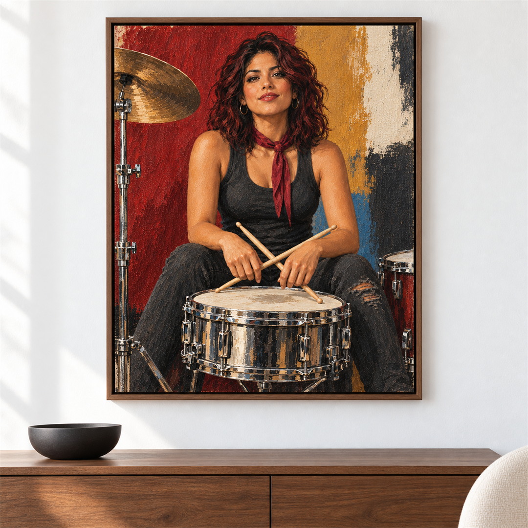 Baterista de rock — el cuadro terminado colgado en la pared