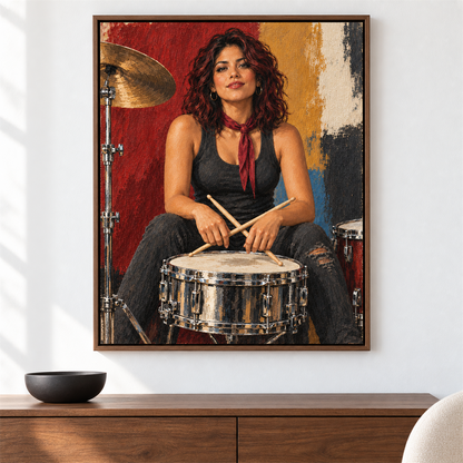 Baterista de rock — el cuadro terminado colgado en la pared