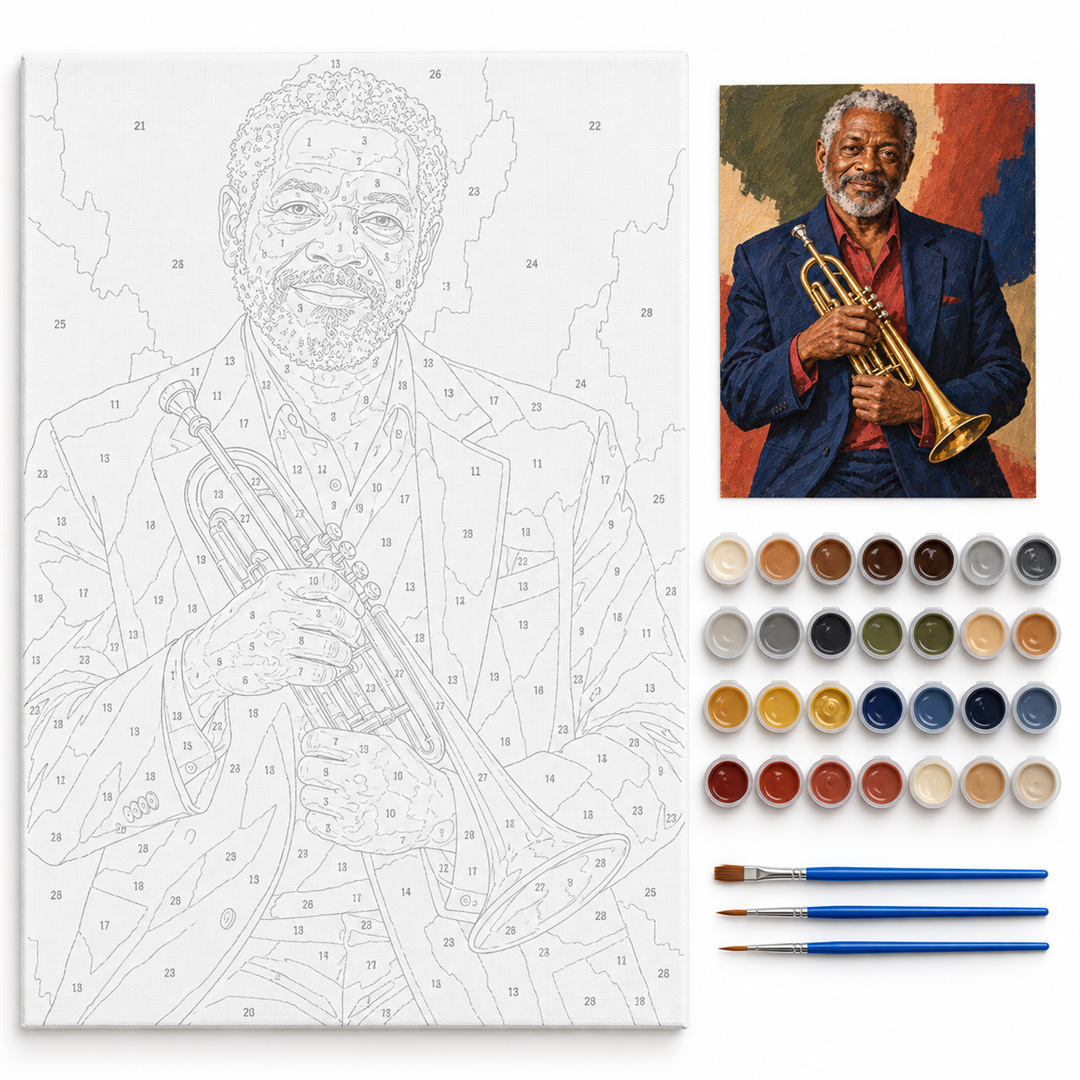 Trompetista de jazz — kit con lienzo numerado, pinturas y pinceles