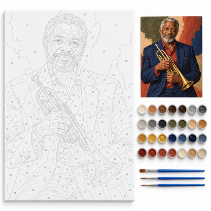 Trompetista de jazz — kit con lienzo numerado, pinturas y pinceles