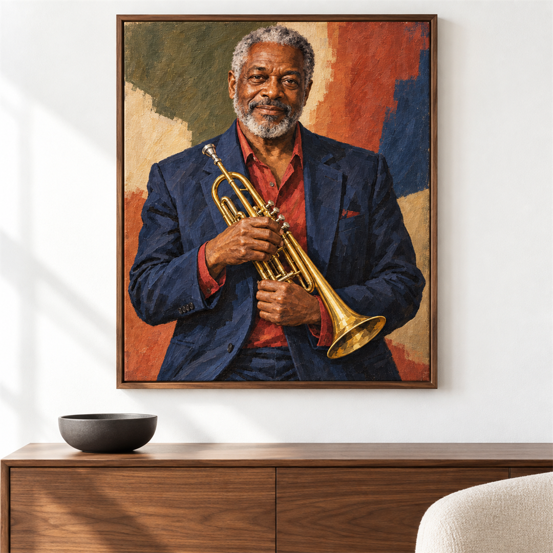 Trompetista de jazz — el cuadro terminado colgado en la pared