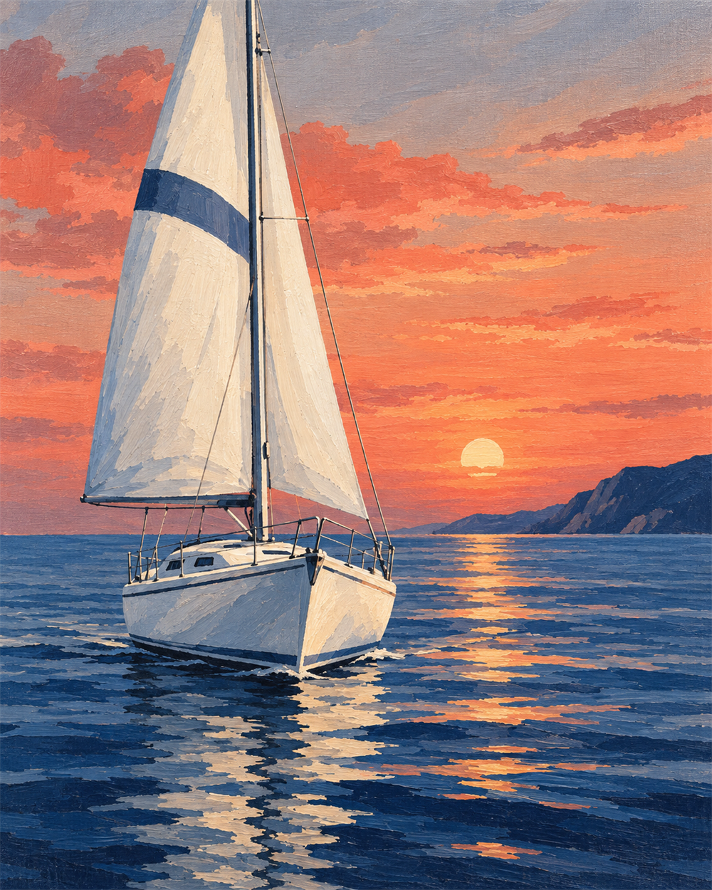 Velero al atardecer — diseño del lienzo para pintar por números