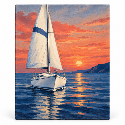 Velero al atardecer — lienzo terminado
