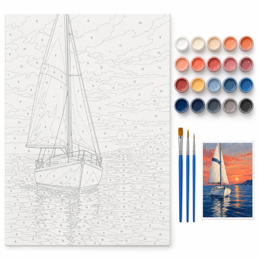 Velero al atardecer — kit con lienzo numerado, pinturas y pinceles