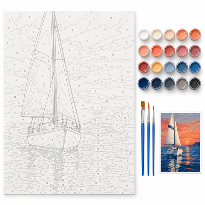 Velero al atardecer — kit con lienzo numerado, pinturas y pinceles