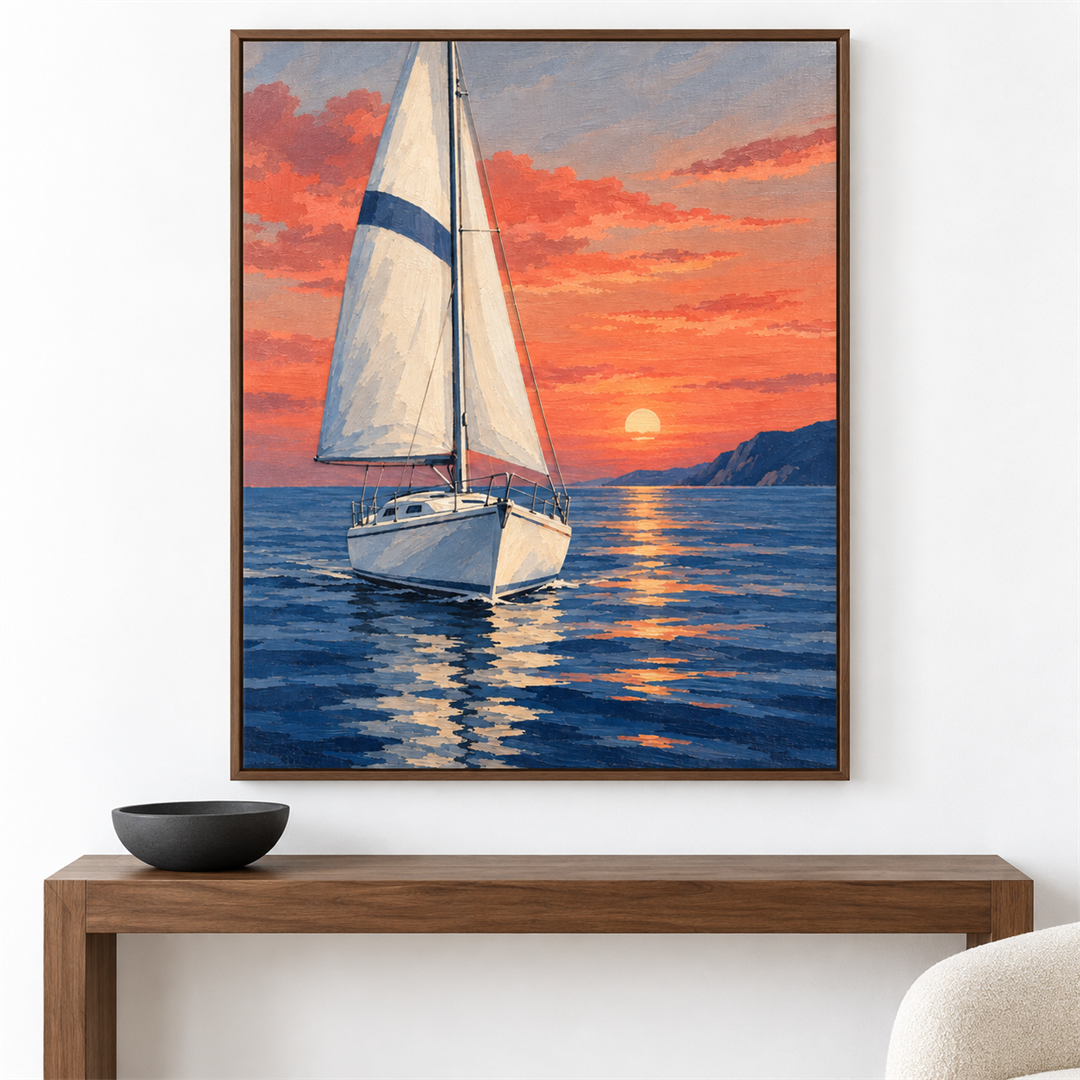 Velero al atardecer — el cuadro terminado colgado en la pared