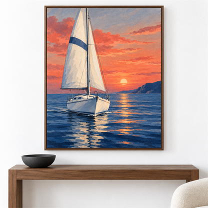 Velero al atardecer — el cuadro terminado colgado en la pared