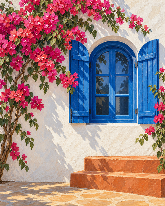 Ventana azul con bugambilia — diseño del lienzo para pintar por números