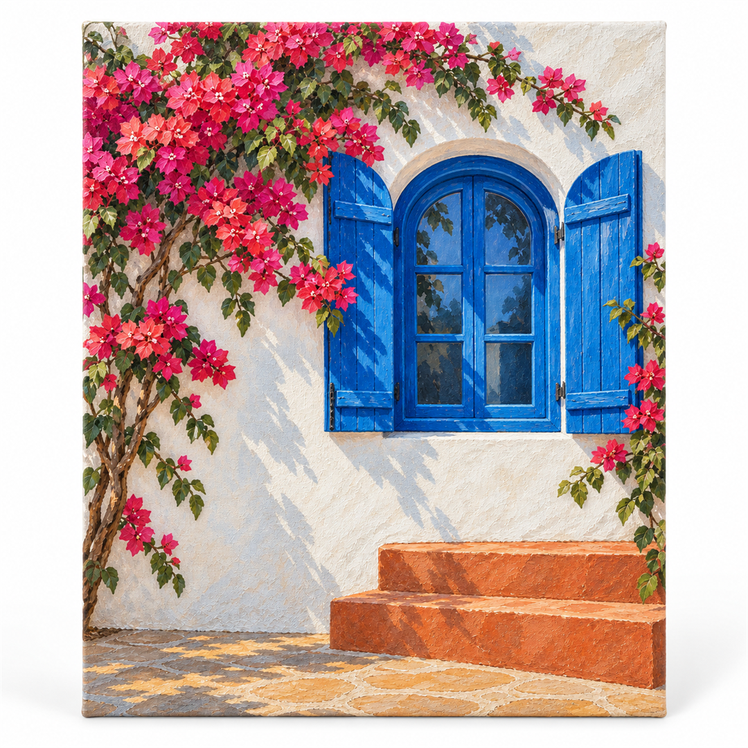 Ventana azul con bugambilia — lienzo terminado