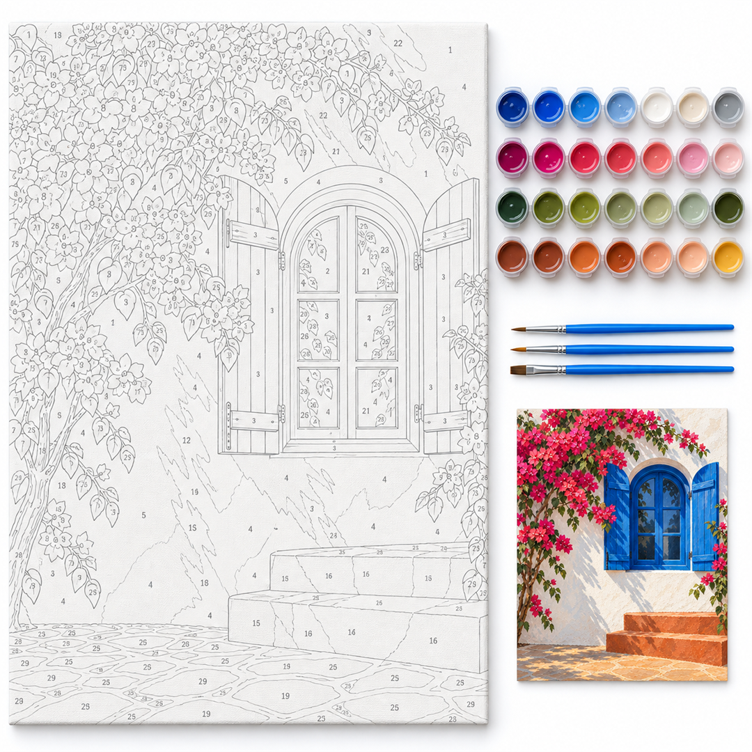 Ventana azul con bugambilia — kit con lienzo numerado, pinturas y pinceles