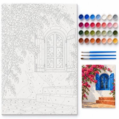 Ventana azul con bugambilia — kit con lienzo numerado, pinturas y pinceles