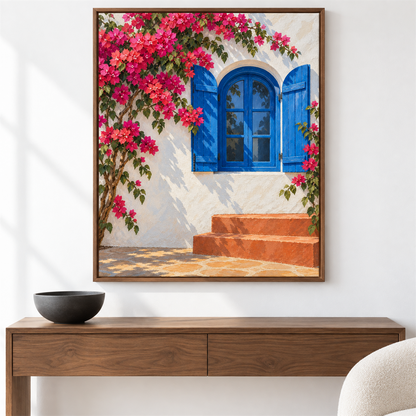 Ventana azul con bugambilia — el cuadro terminado colgado en la pared