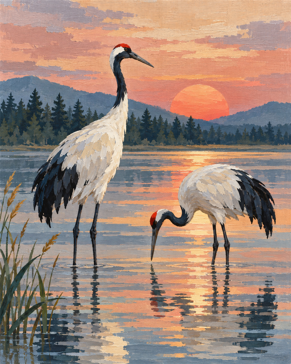 Grullas al amanecer — diseño del lienzo para pintar por números