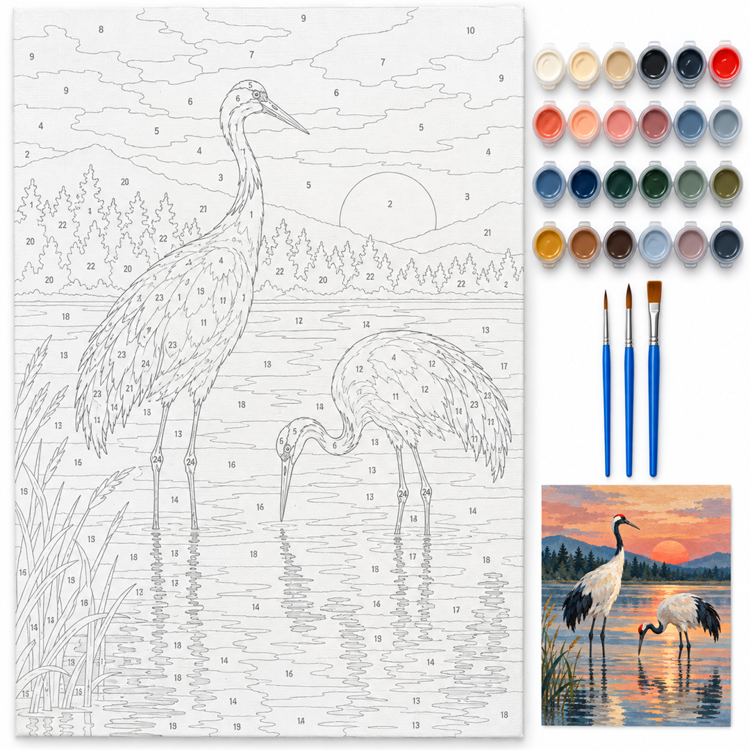 Grullas al amanecer — kit con lienzo numerado, pinturas y pinceles