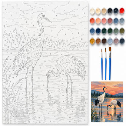 Grullas al amanecer — kit con lienzo numerado, pinturas y pinceles
