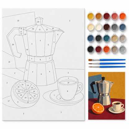 Café moka y naranja — kit con lienzo numerado, pinturas y pinceles