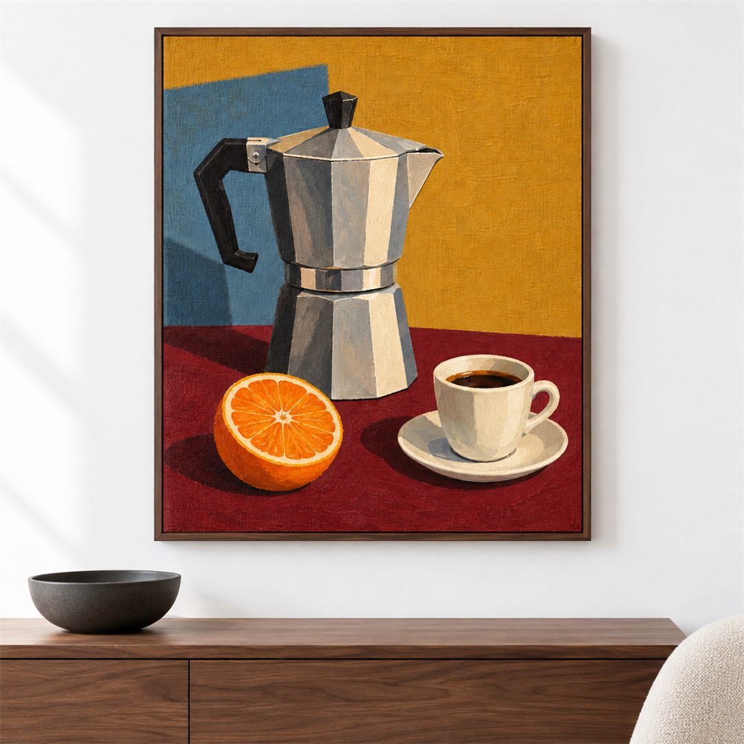 Café moka y naranja — el cuadro terminado colgado en la pared