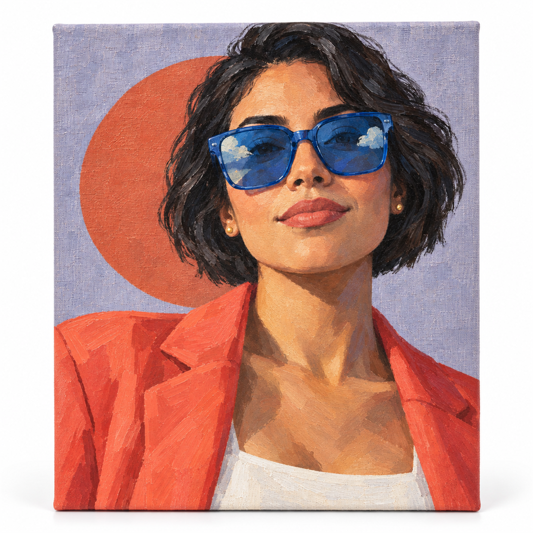 Retrato con gafas azules — lienzo terminado