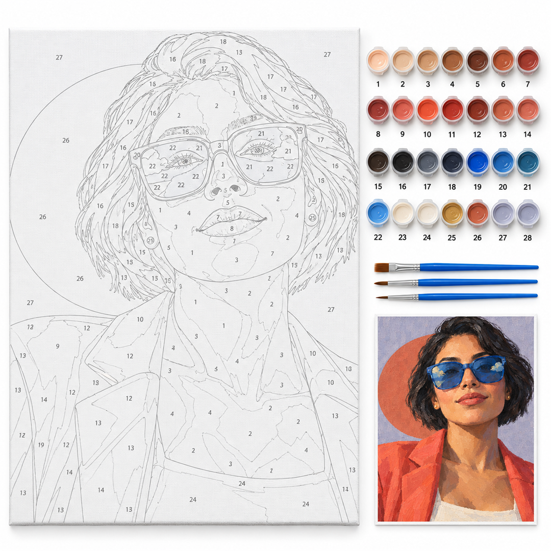 Retrato con gafas azules — kit con lienzo numerado, pinturas y pinceles